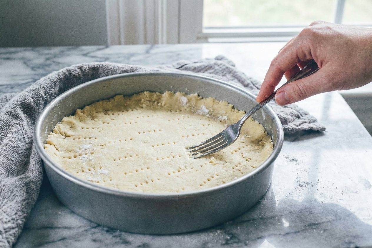 A fork docking holes into pressed shortbread dough in a round cake pan on a kitchen counter