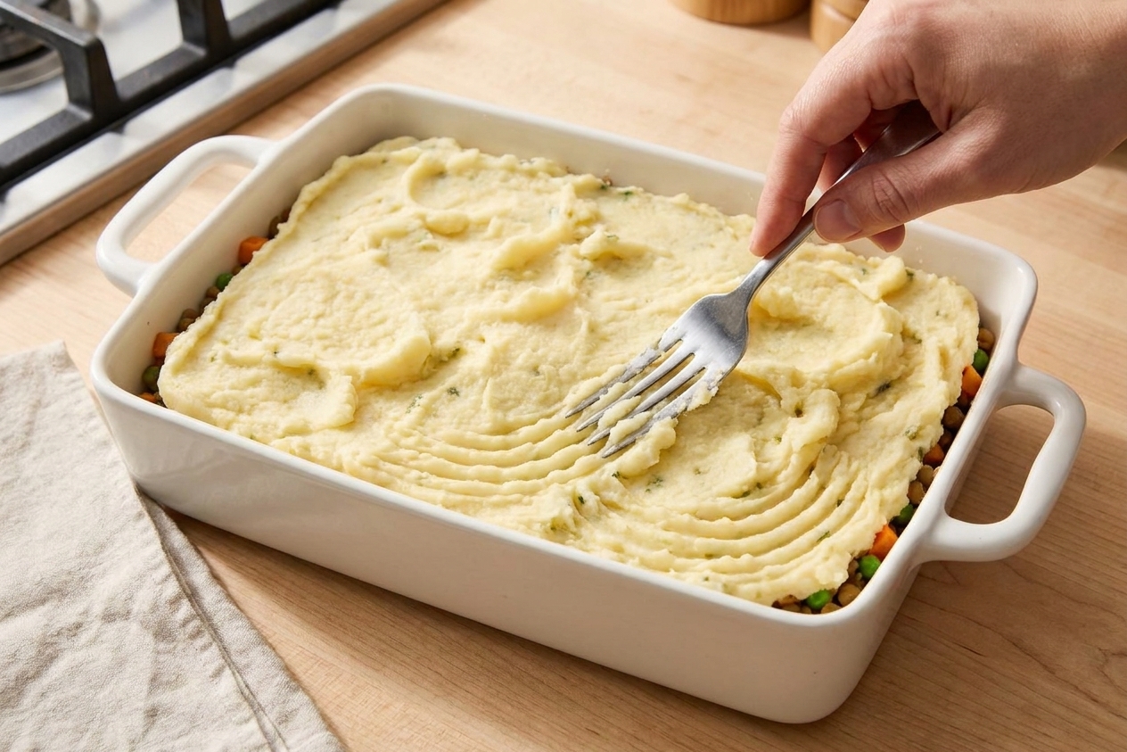 A fork dragging through mashed potatoes on top of a casserole dish to create ridges before baking