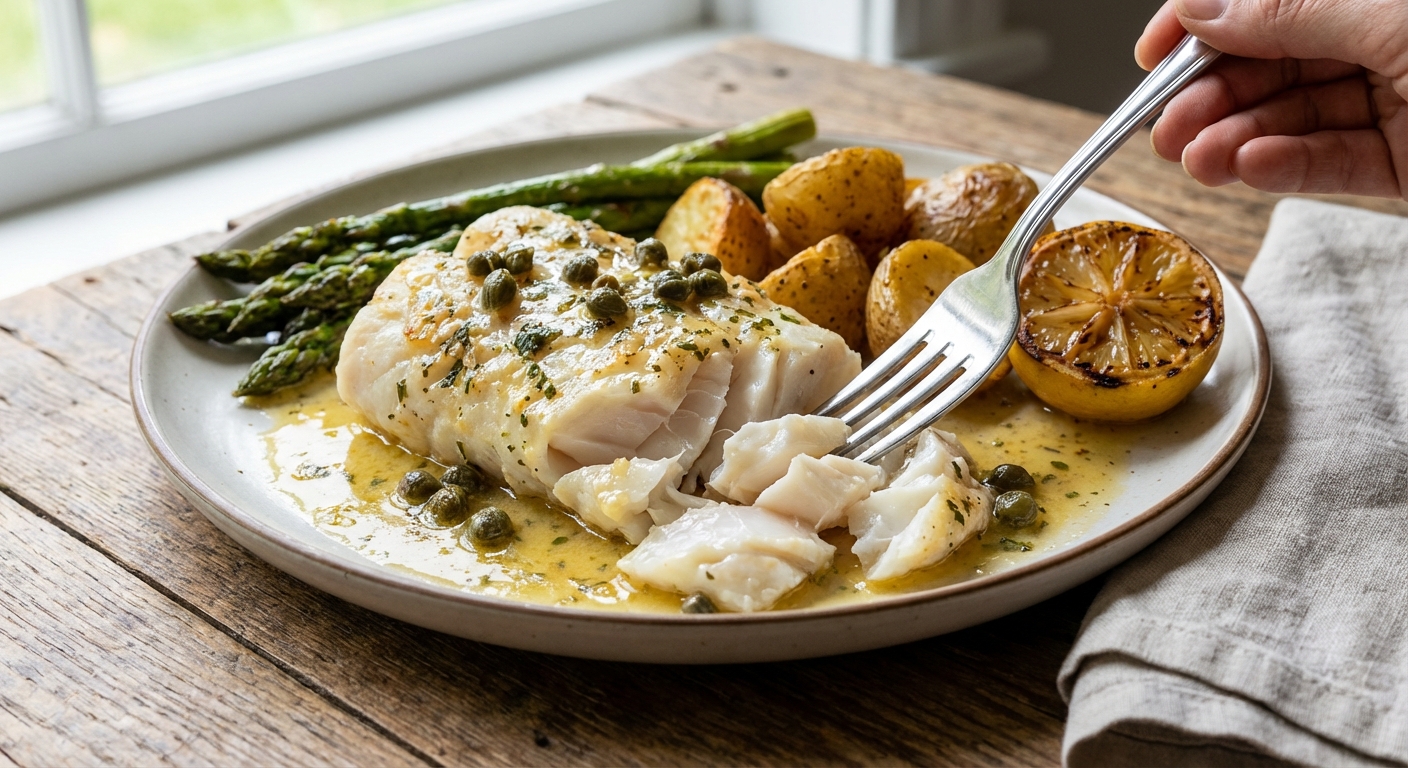 A fork flaking a baked cod fillet into large white flakes on a plate with lemon butter sauce