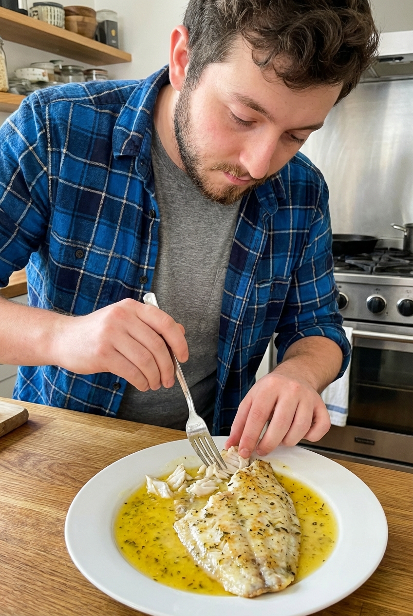 A fork flaking a cooked flounder fillet on a plate with citrus sauce pooled around it