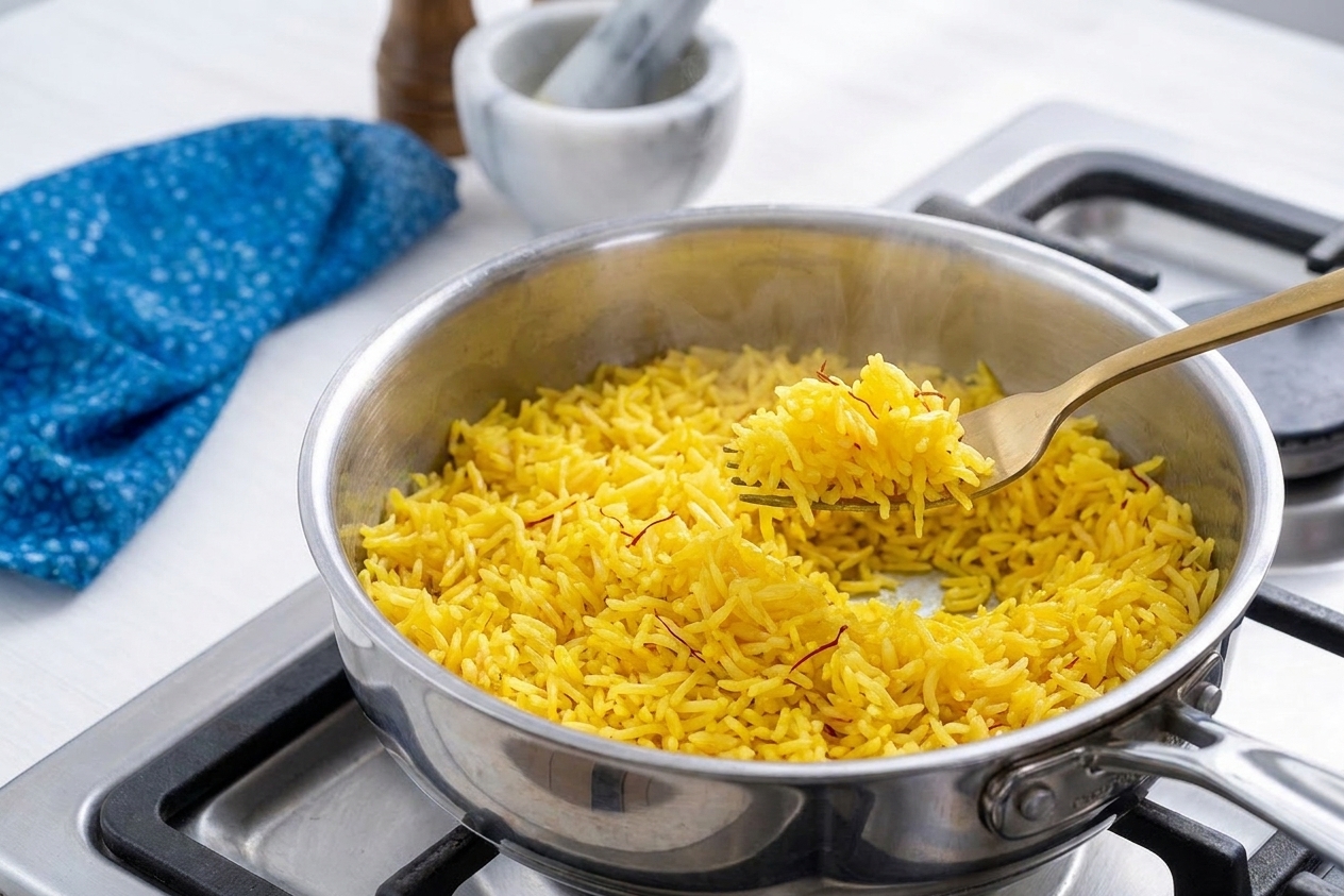 A fork fluffing a pot of golden saffron rice with distinct grains inside a saucepan