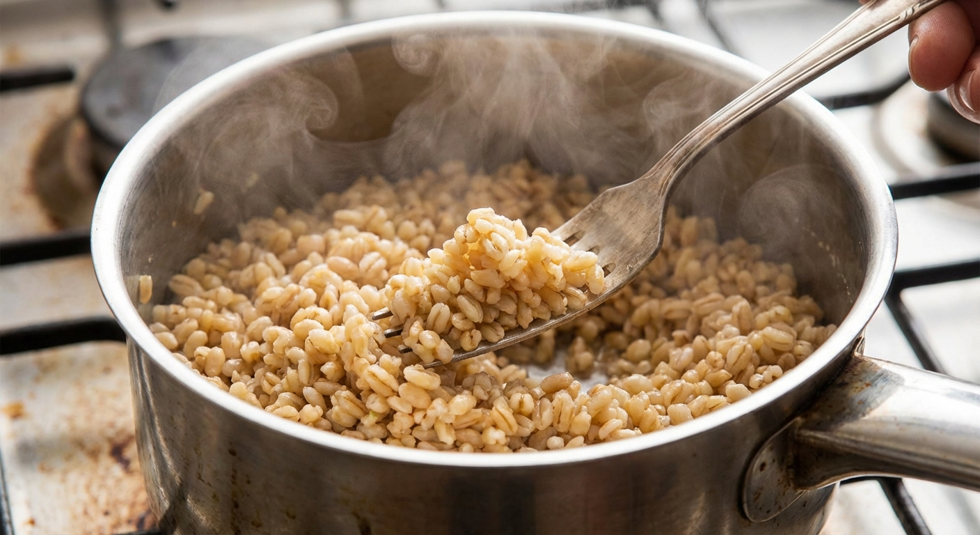 A fork fluffing cooked barley in a pot with steam rising