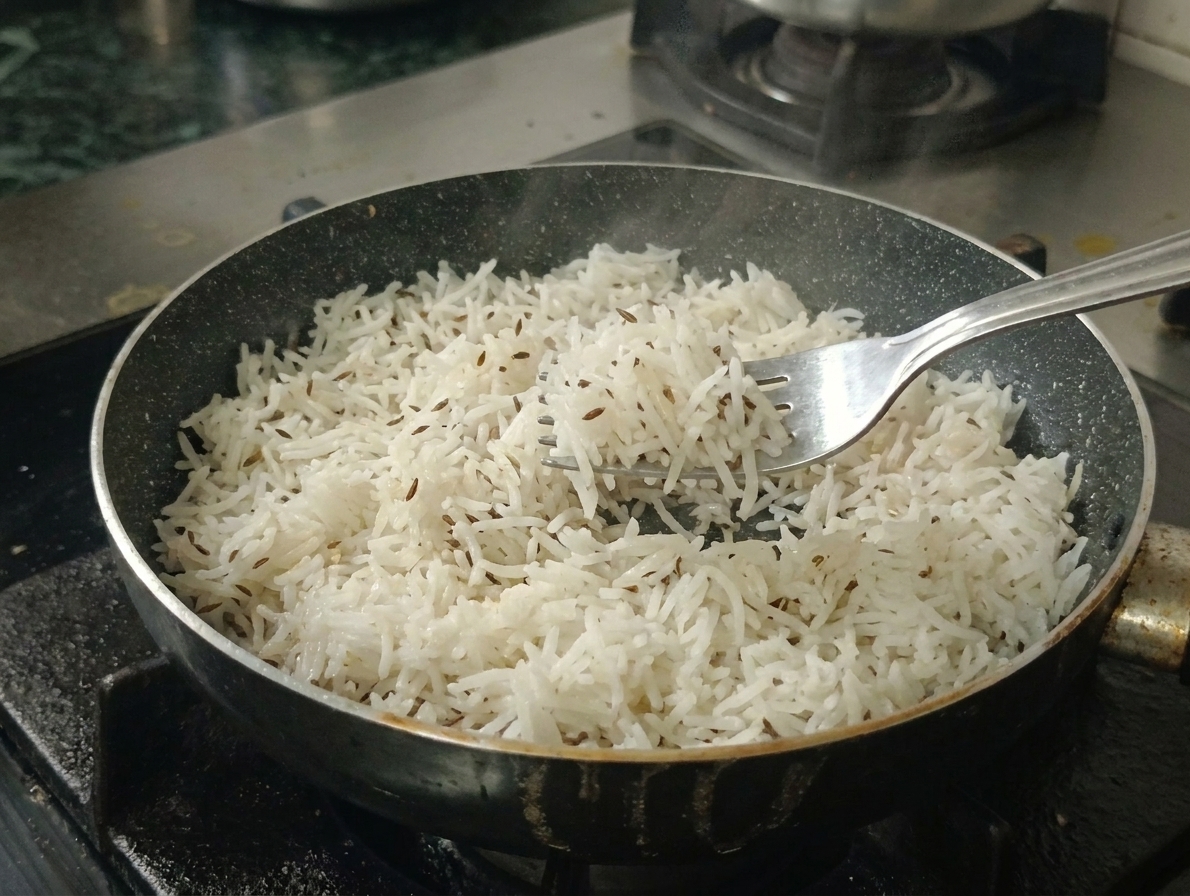 A fork fluffing cooked jeera rice, showing long separated basmati grains