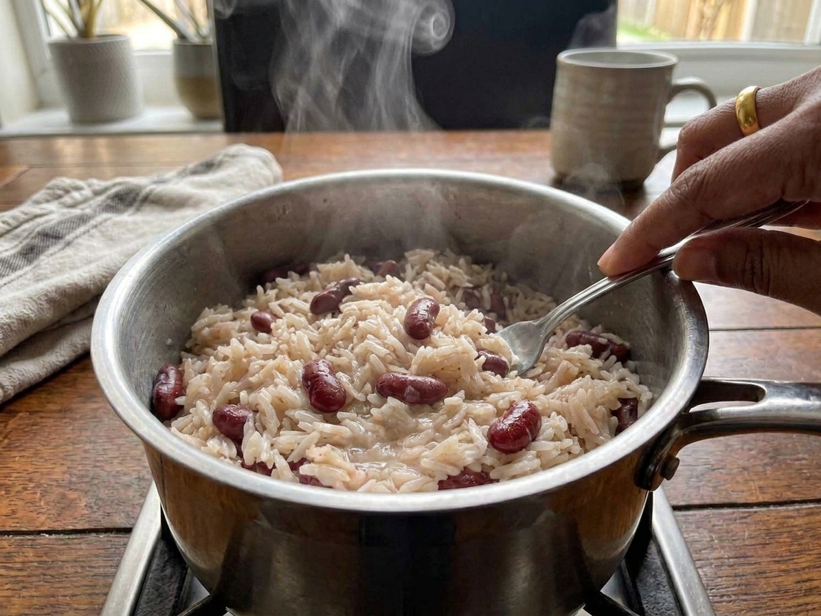 A fork fluffing cooked rice and peas in a pot, showing separate grains and kidney beans