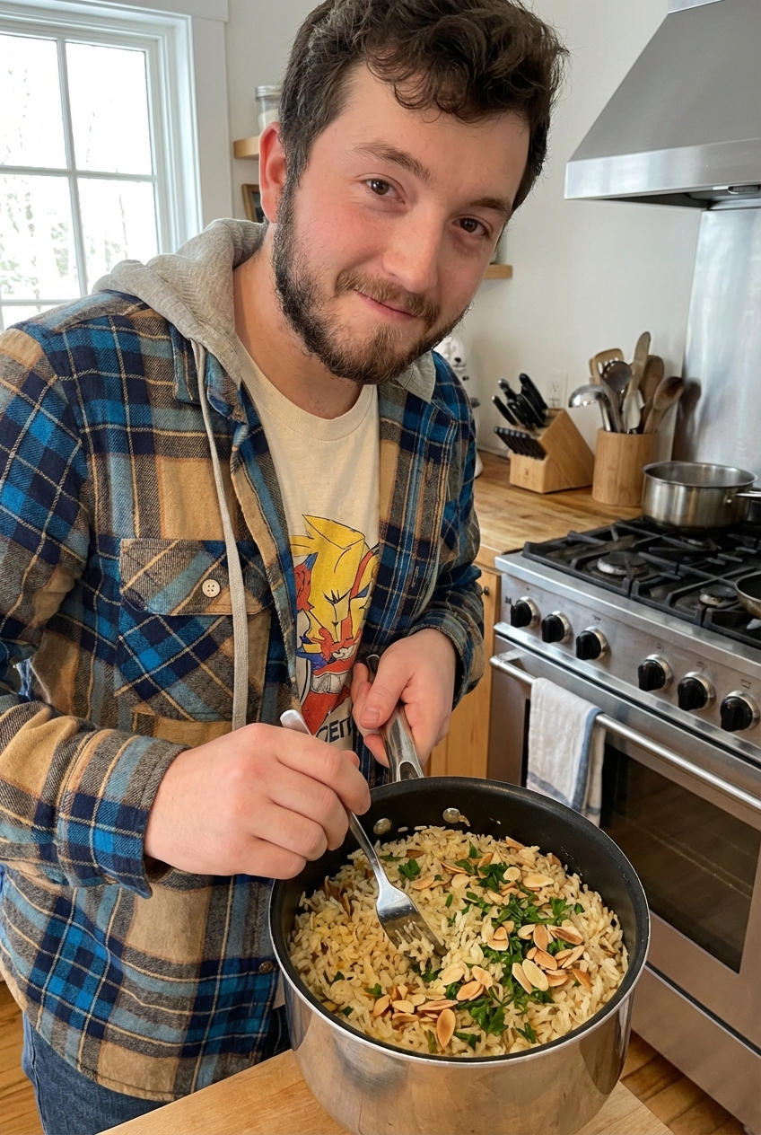 A fork fluffing finished rice pilaf in a saucepan with parsley and toasted almonds