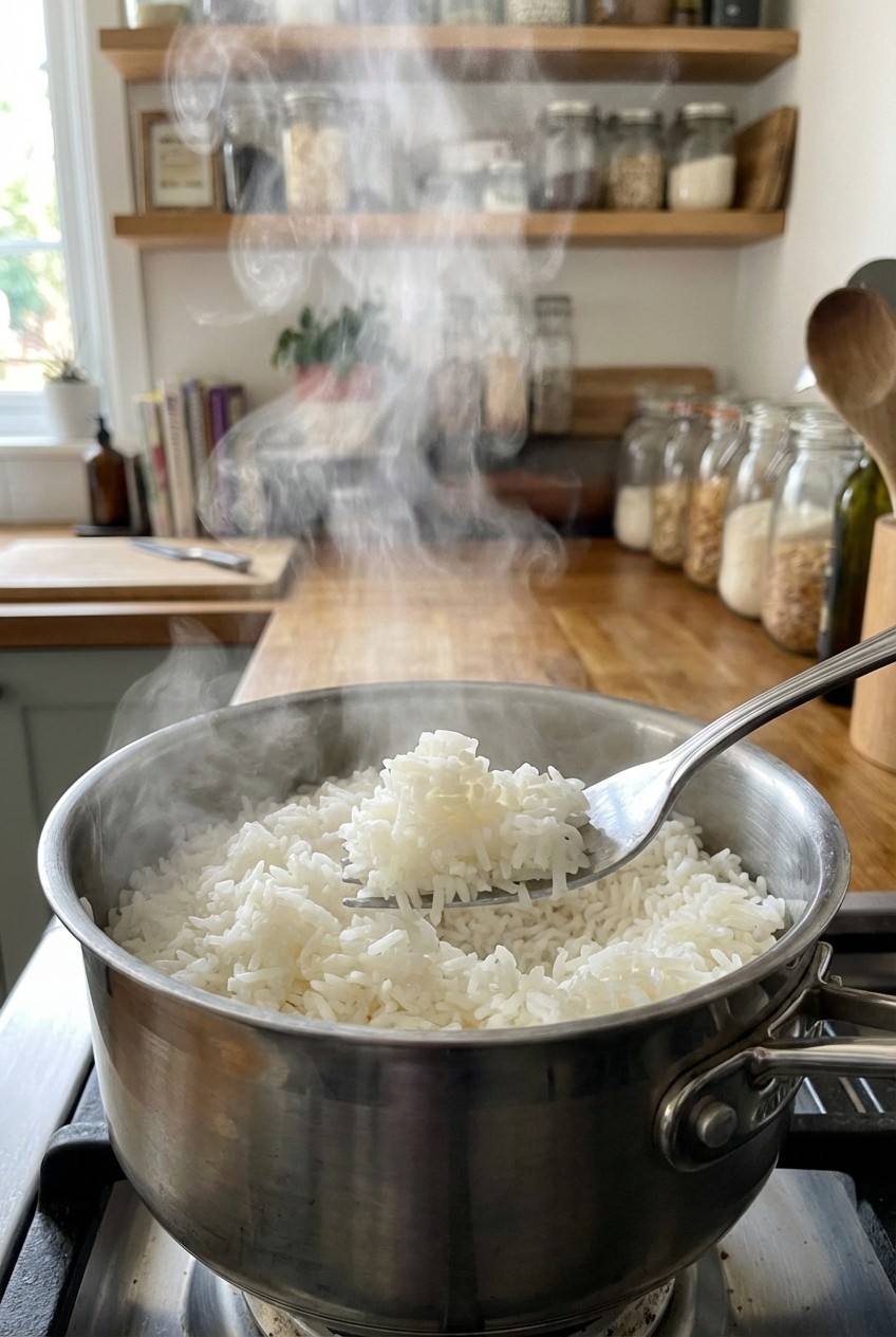 A fork fluffing finished white rice in a saucepan, with steam rising