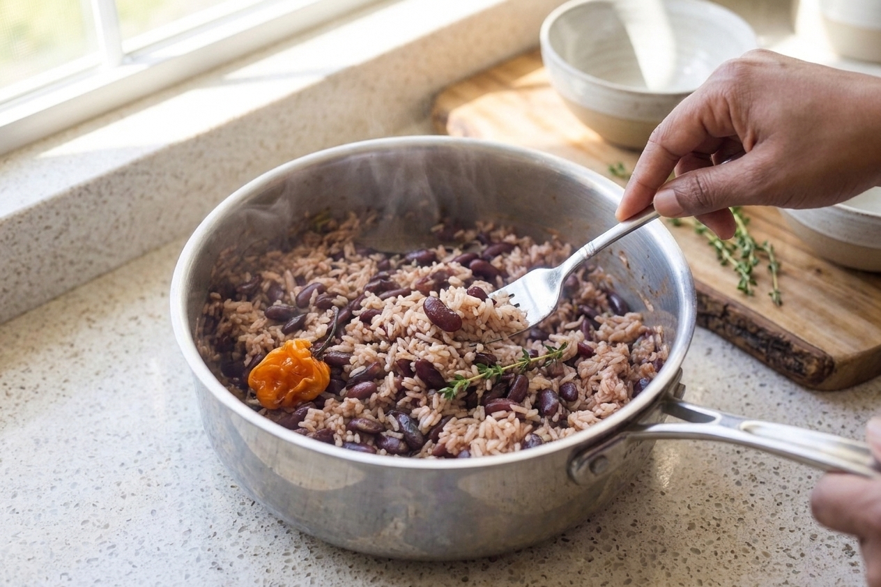 A fork fluffing freshly cooked Jamaican rice and peas in a saucepan, showing separate grains and kidney beans