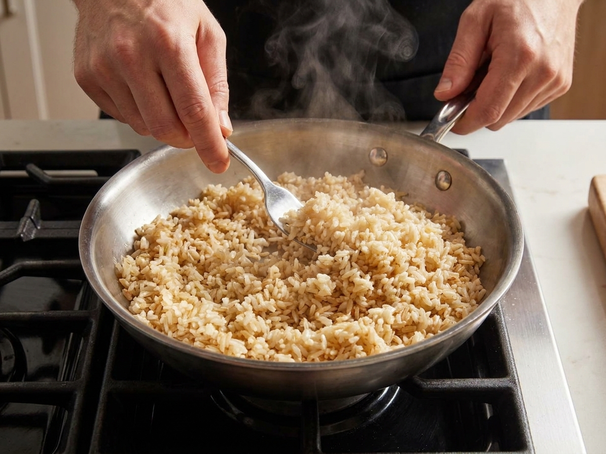A fork fluffing freshly cooked brown rice in a saucepan, with visible separated grains and light steam rising
