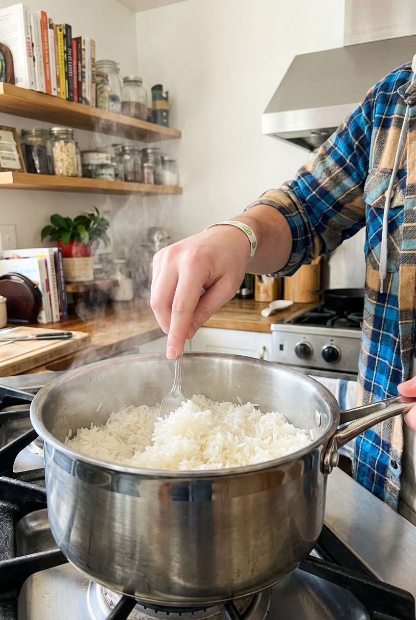 A fork fluffing freshly cooked jasmine rice in a saucepan