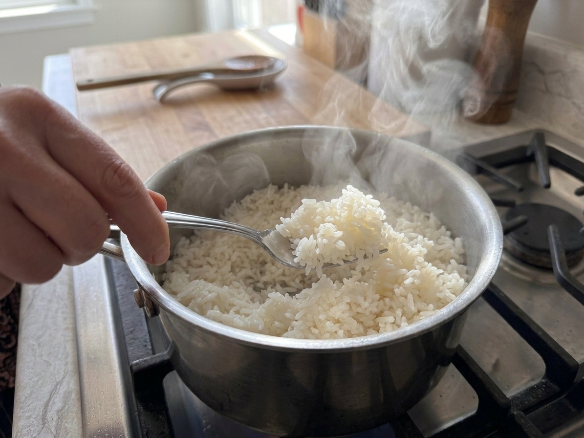 A fork fluffing freshly cooked white rice in a pot with steam rising