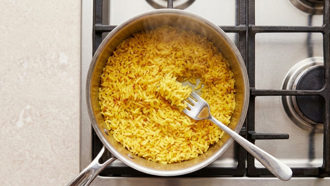 A fork fluffing golden saffron rice in a saucepan with separate grains and a light sheen of butter