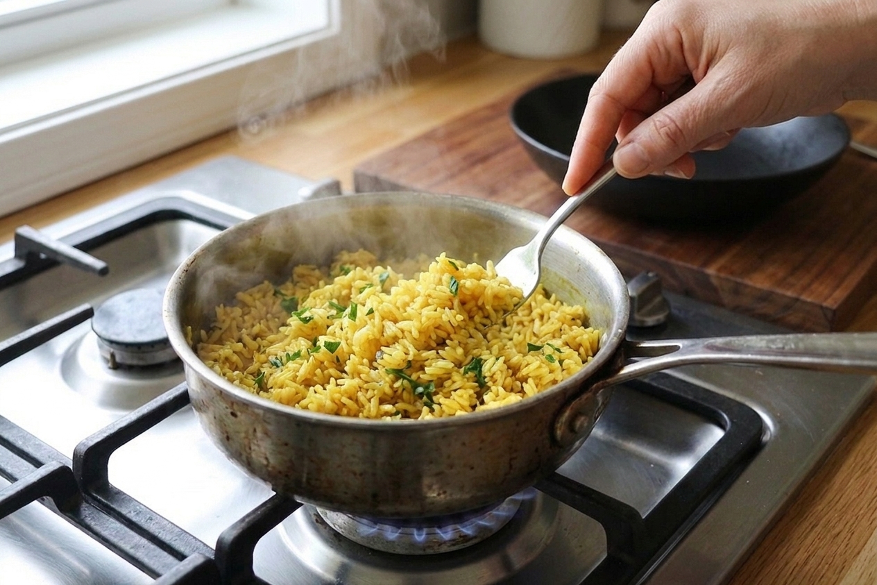 A fork fluffing golden turmeric rice in a saucepan with steam rising