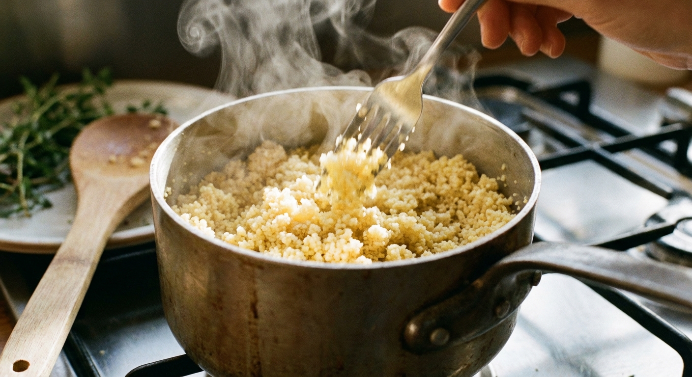 A fork fluffing steamed couscous in a saucepan with small wisps of steam rising