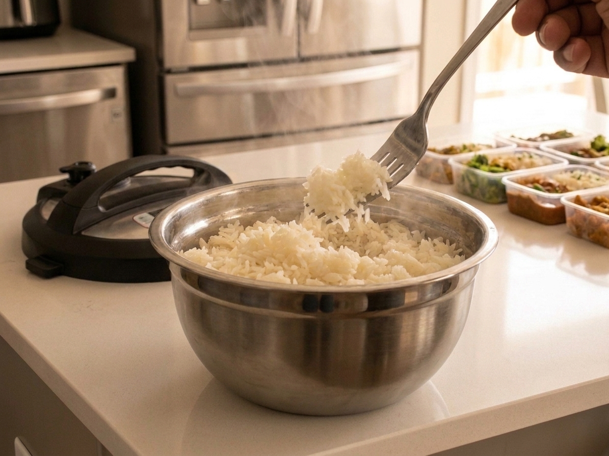 A fork fluffing steaming cooked jasmine rice in a stainless steel bowl on a kitchen counter