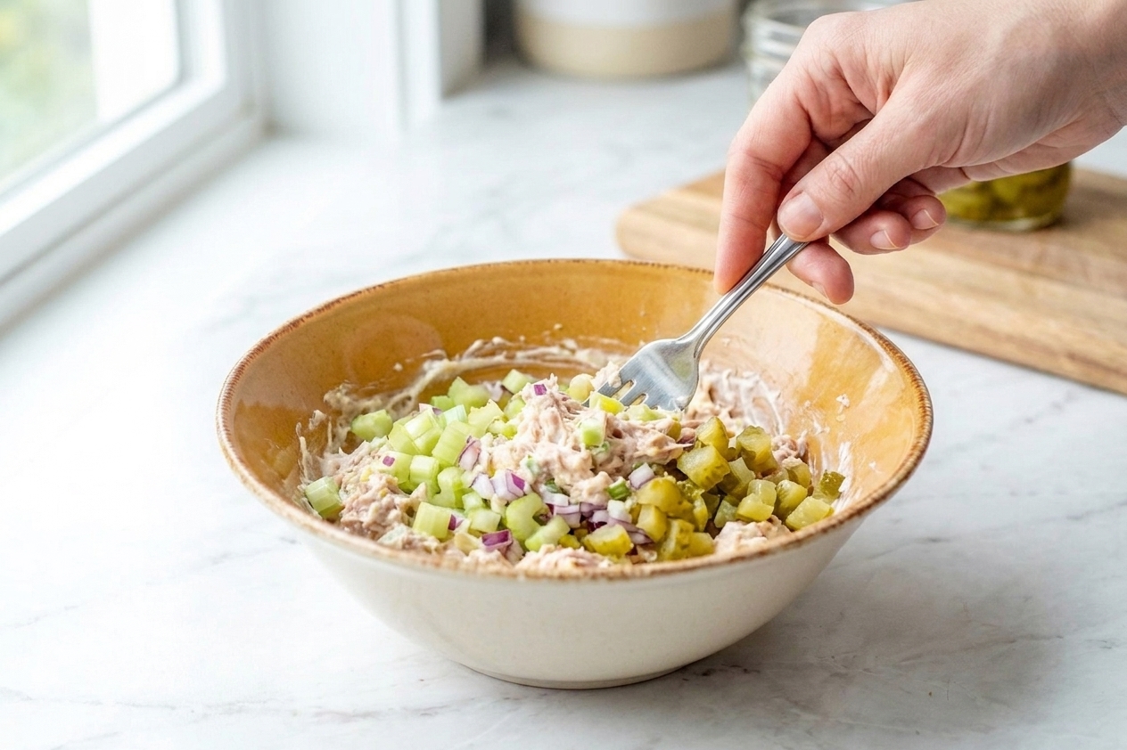 A fork folding diced celery, chopped pickles, and red onion into tuna salad in a mixing bowl on a bright kitchen counter
