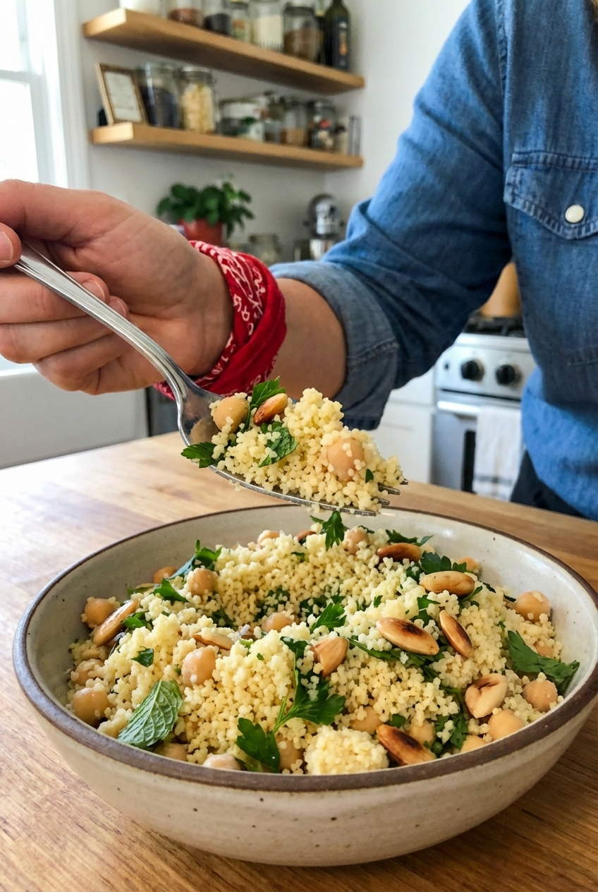 A fork lifting a bite of couscous with chickpeas, herbs, and toasted nuts from a bowl
