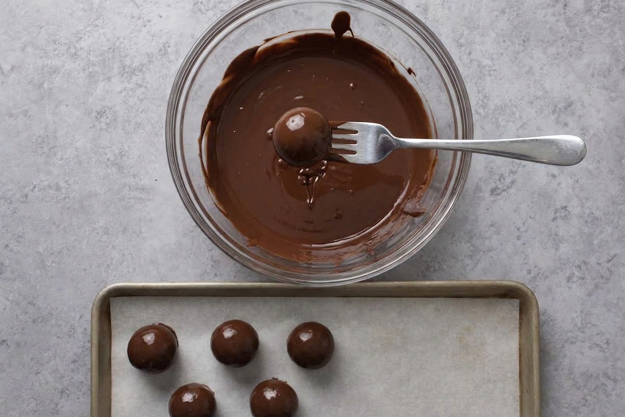 A fork lifting a chocolate-coated Oreo truffle from a bowl of melted chocolate above a parchment-lined baking sheet
