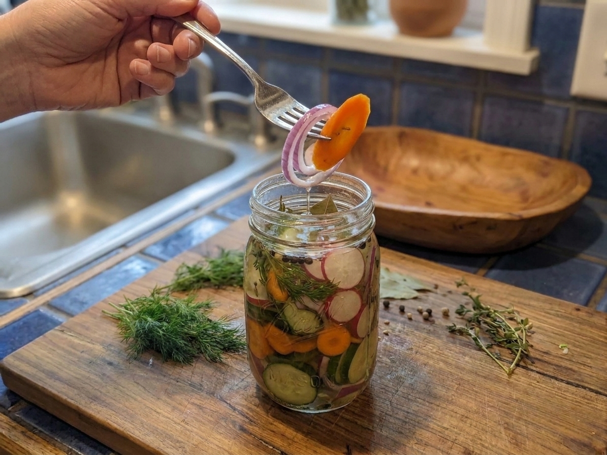 A fork lifting a slice of quick pickled carrot and red onion from a jar of colorful pickled vegetables