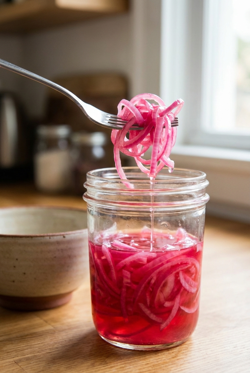 A fork lifting a tangle of bright pink pickled red onions from a jar