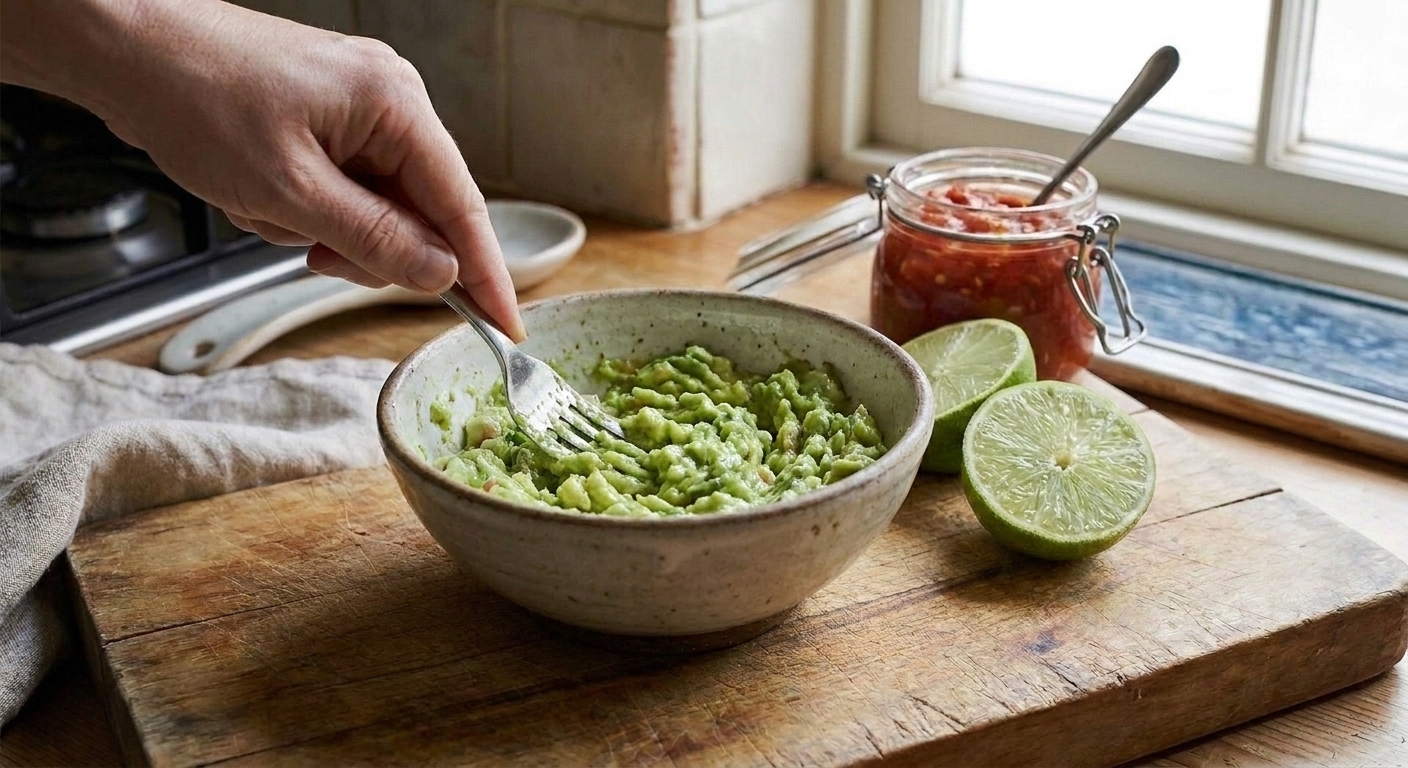 A fork mashing ripe avocado in a white ceramic bowl on a kitchen counter