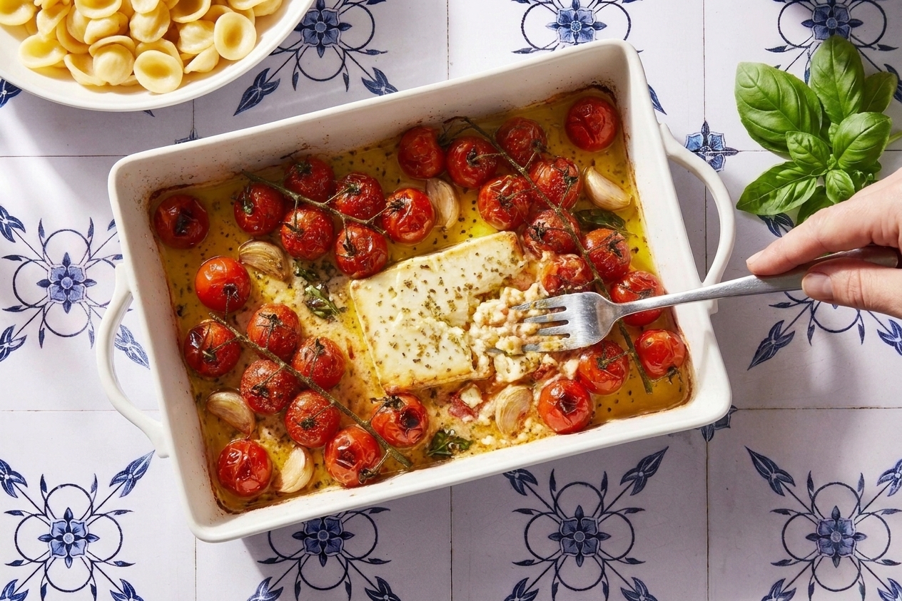 A fork mashing roasted feta and burst tomatoes into a creamy sauce in the baking dish