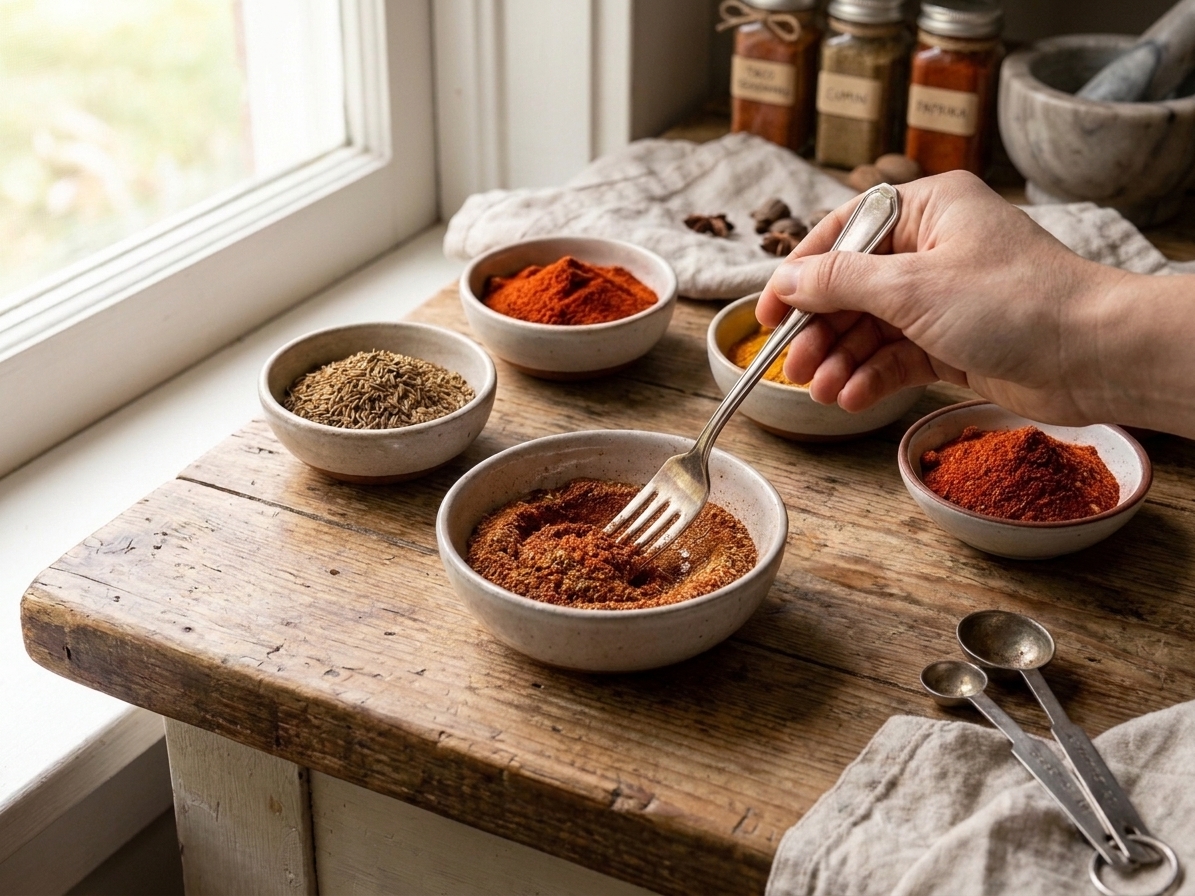 A fork mixing a reddish seasoning blend in a small bowl on a kitchen counter