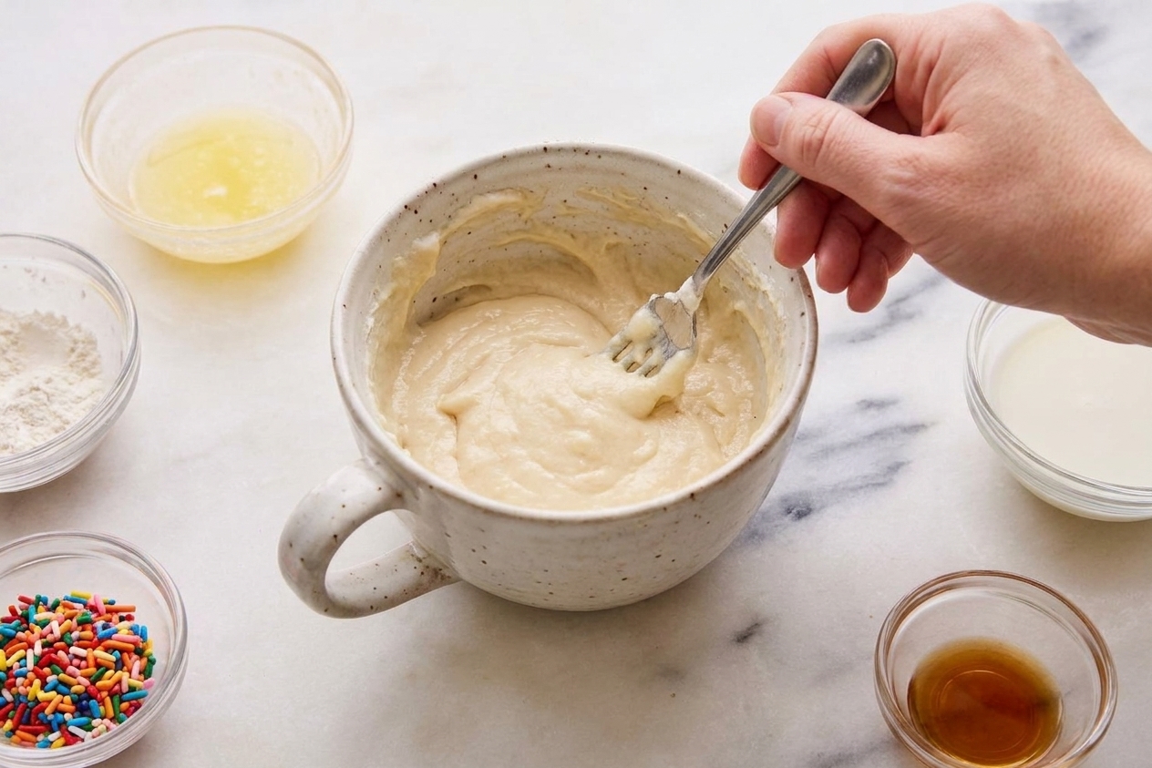A fork mixing pale vanilla cake batter inside a microwave-safe mug, with batter clinging to the sides