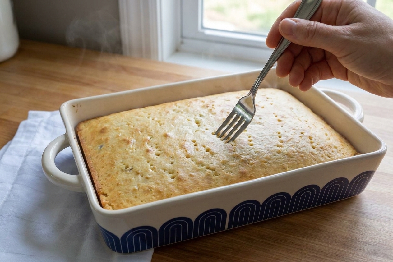 A fork pokoking holes across the surface of a warm sponge cake in a 9x13 baking dish