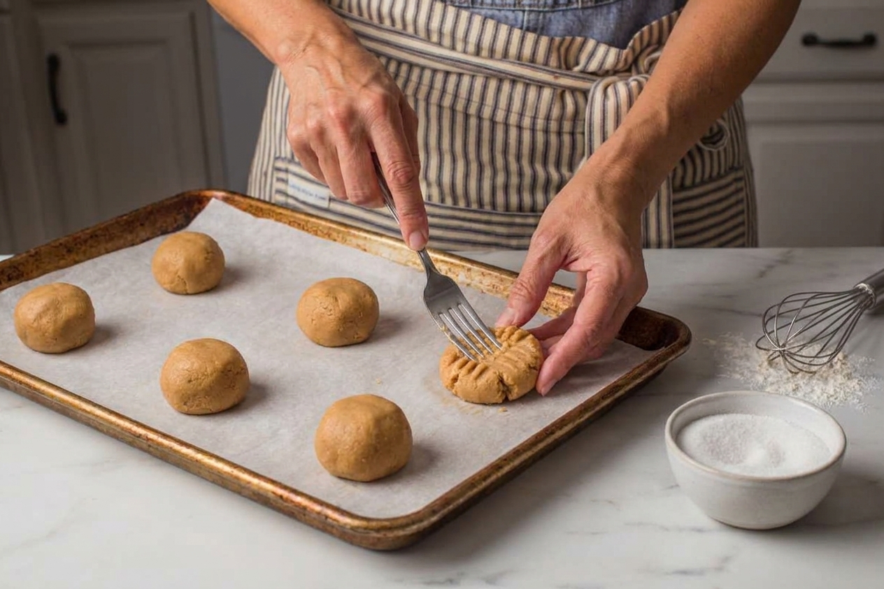 A fork pressing a crosshatch pattern into peanut butter cookie dough balls on a parchment-lined baking sheet