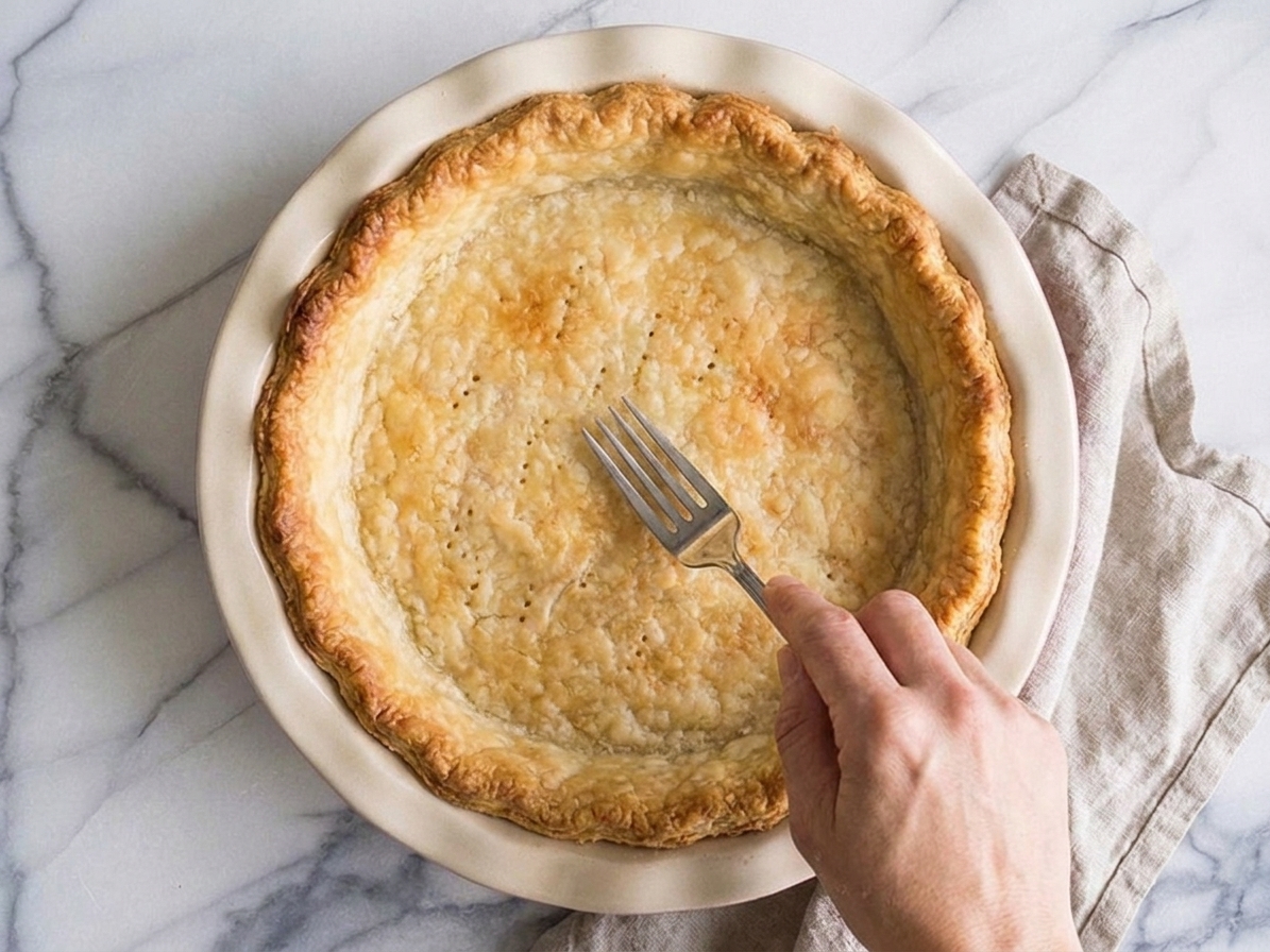 A fork pricking the bottom of a partially blind-baked pie crust to prevent bubbling