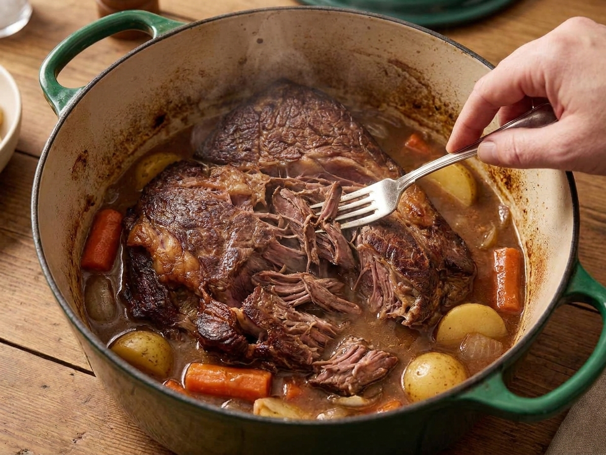 A fork pulling apart a tender pot roast in a Dutch oven with gravy and vegetables