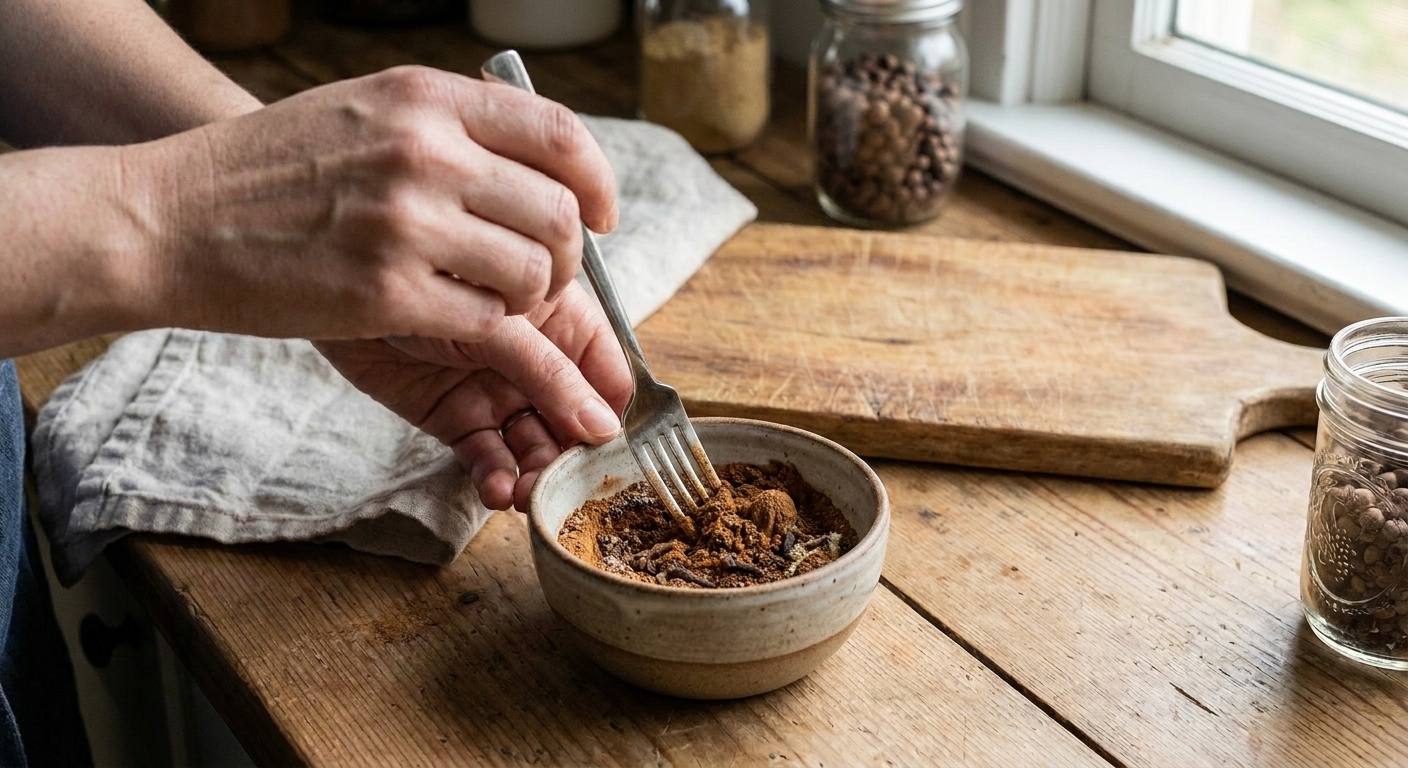 A fork stirring a cinnamon-forward spice blend in a small white bowl on a light kitchen counter