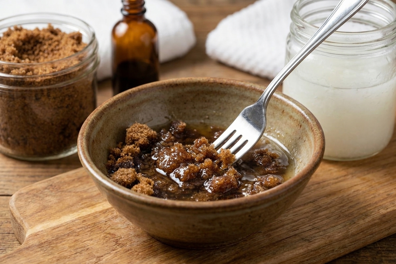 A fork stirring brown sugar and melted coconut oil together in a ceramic bowl on a kitchen counter