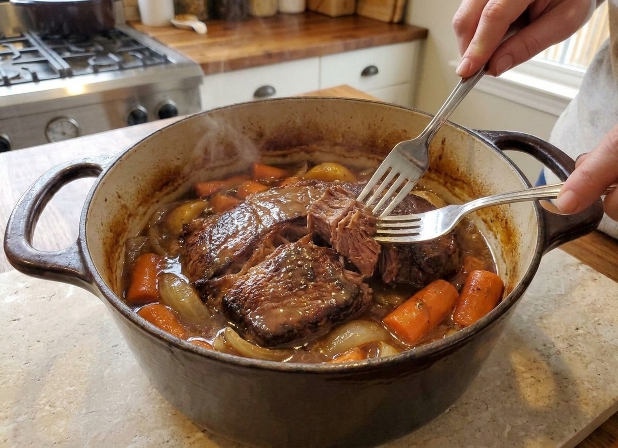 A fork-tender chuck roast in a Dutch oven with carrots and onions in a glossy brown gravy, sitting on a light stone countertop in warm kitchen lighting