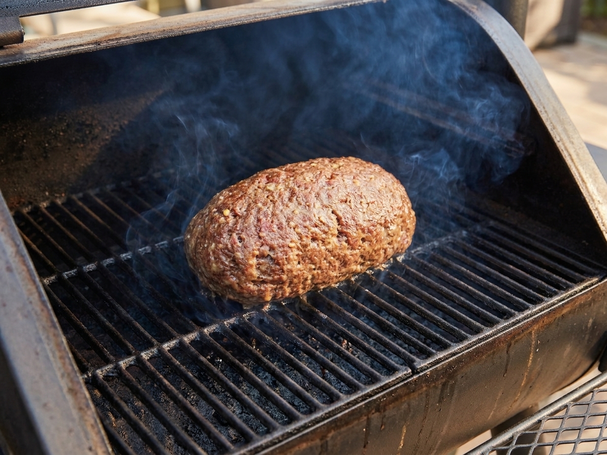 A free-form meatloaf cooking on a smoker grate with gentle smoke in the background, warm outdoor lighting