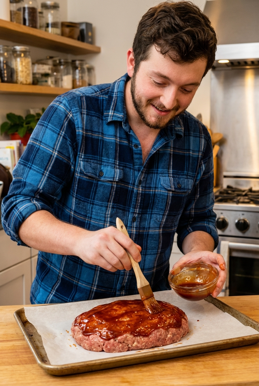 A freeform meatloaf on a lined sheet pan being brushed with glossy glaze before baking