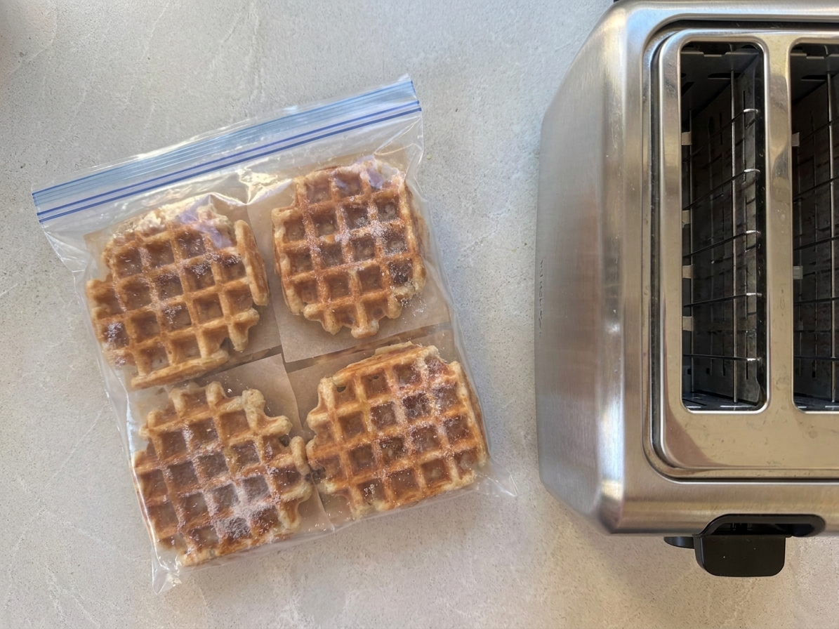 A freezer bag filled with frozen waffles separated by parchment paper, sitting on a kitchen counter next to a toaster