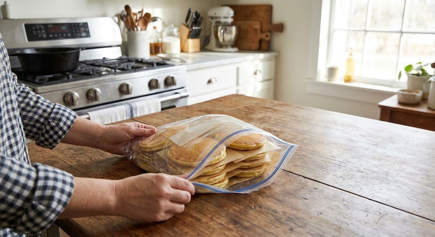 A freezer bag filled with pancakes separated by parchment paper on a kitchen counter, ready for freezing