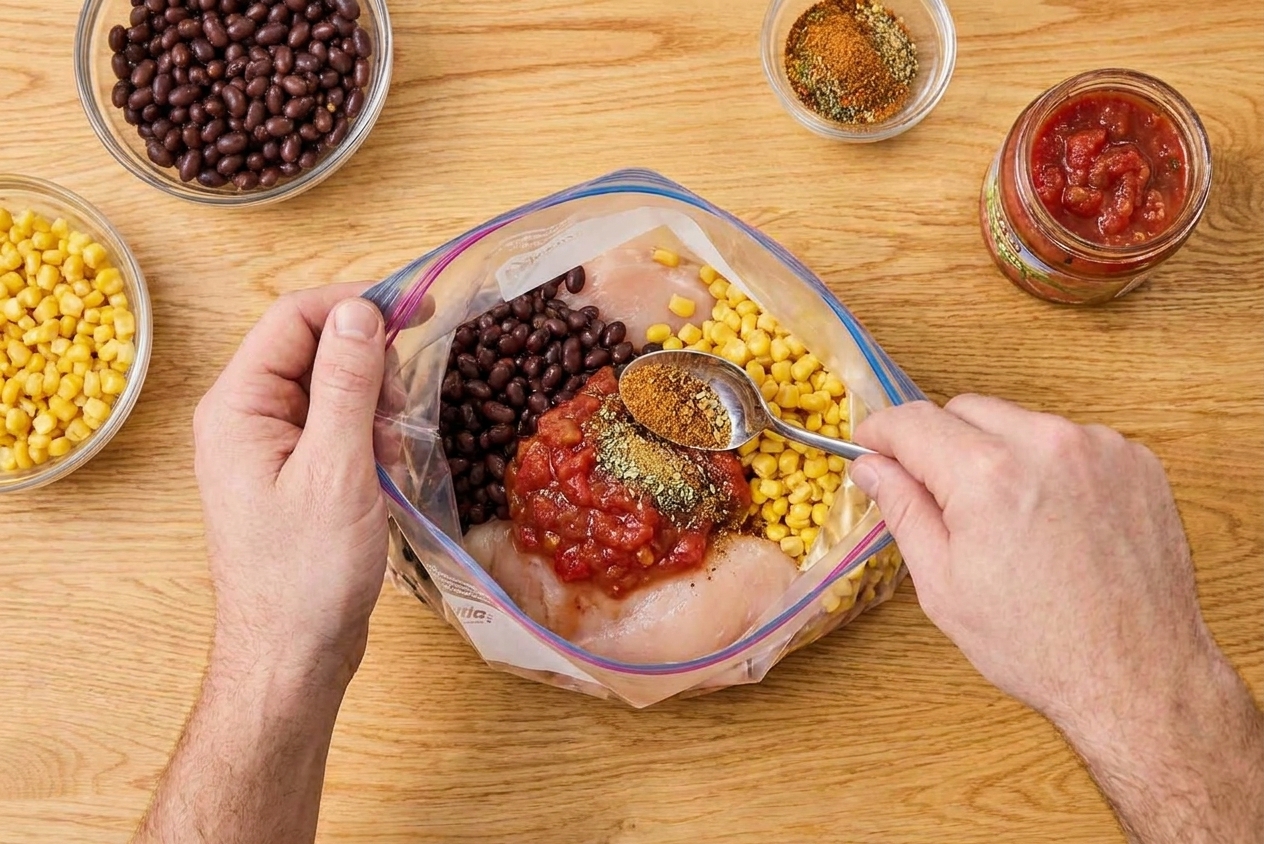 A freezer bag on a kitchen counter being filled with raw chicken, black beans, corn, salsa, and spices for a dump-and-go slow cooker meal
