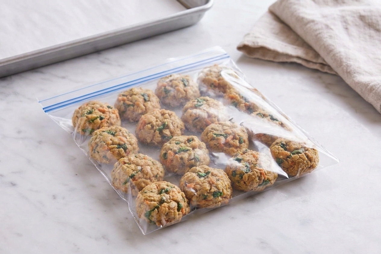A freezer-safe bag filled with small veggie cookie bites lying flat on a kitchen counter, ready to be frozen