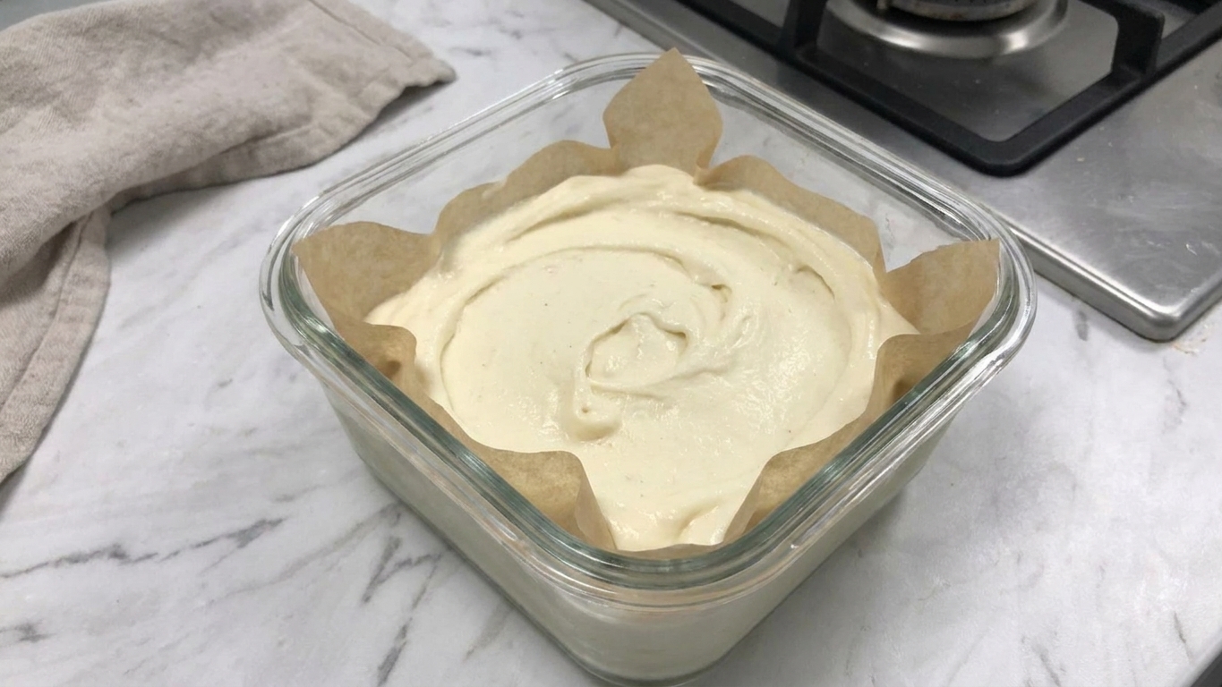 A freezer-safe container filled with homemade vanilla ice cream with parchment pressed on top, sitting on a kitchen counter