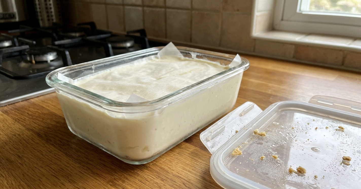 A freezer-safe container filled with vanilla ice cream with parchment paper pressed against the surface and a lid set nearby on a kitchen counter
