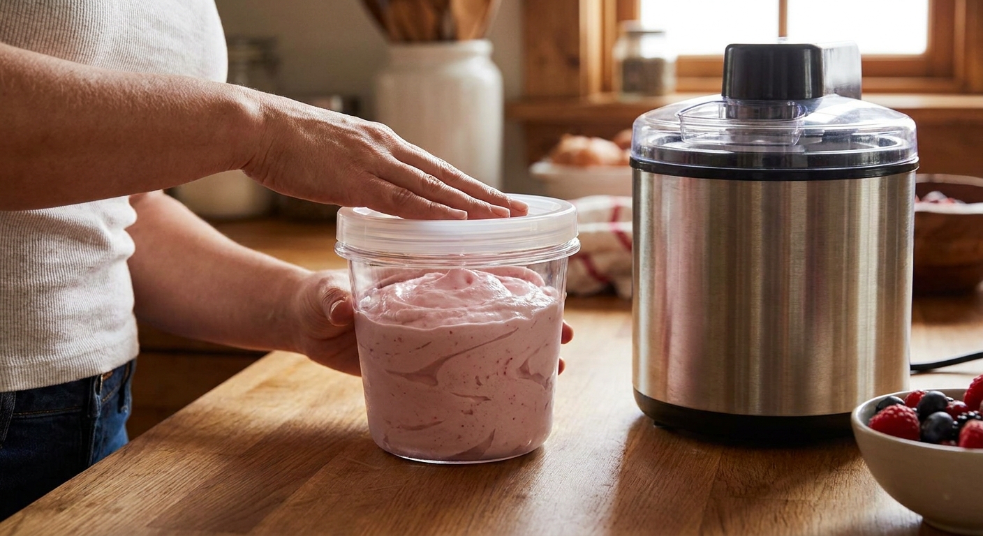 A freezer-safe container of freshly churned frozen yogurt being covered and placed into the freezer to firm up