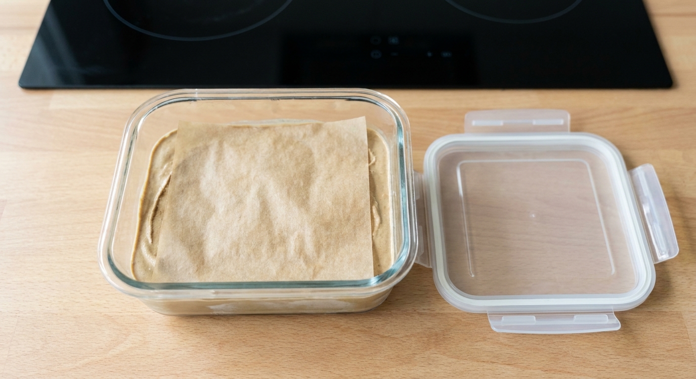 A freezer-safe container of homemade coffee ice cream with parchment pressed on the surface, sitting on a kitchen counter next to its lid