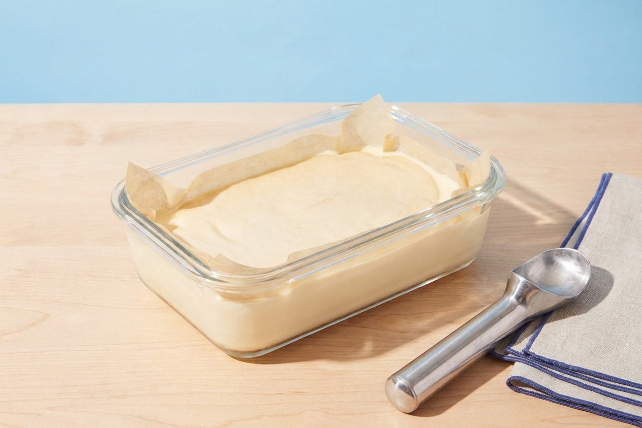 A freezer-safe container of vanilla frozen custard with parchment pressed on the surface, sitting on a kitchen counter before going into the freezer