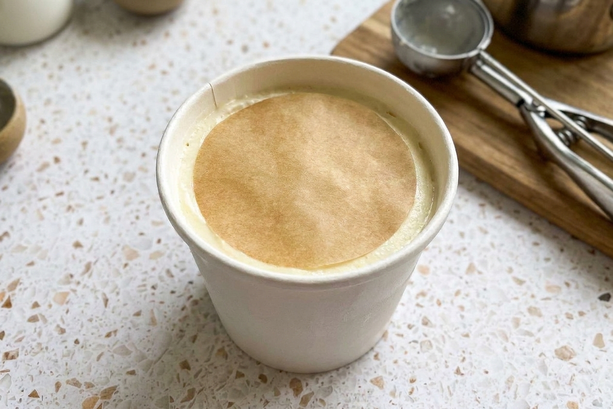 A freezer-safe container of vanilla ice cream with parchment paper pressed on the surface before the lid is closed