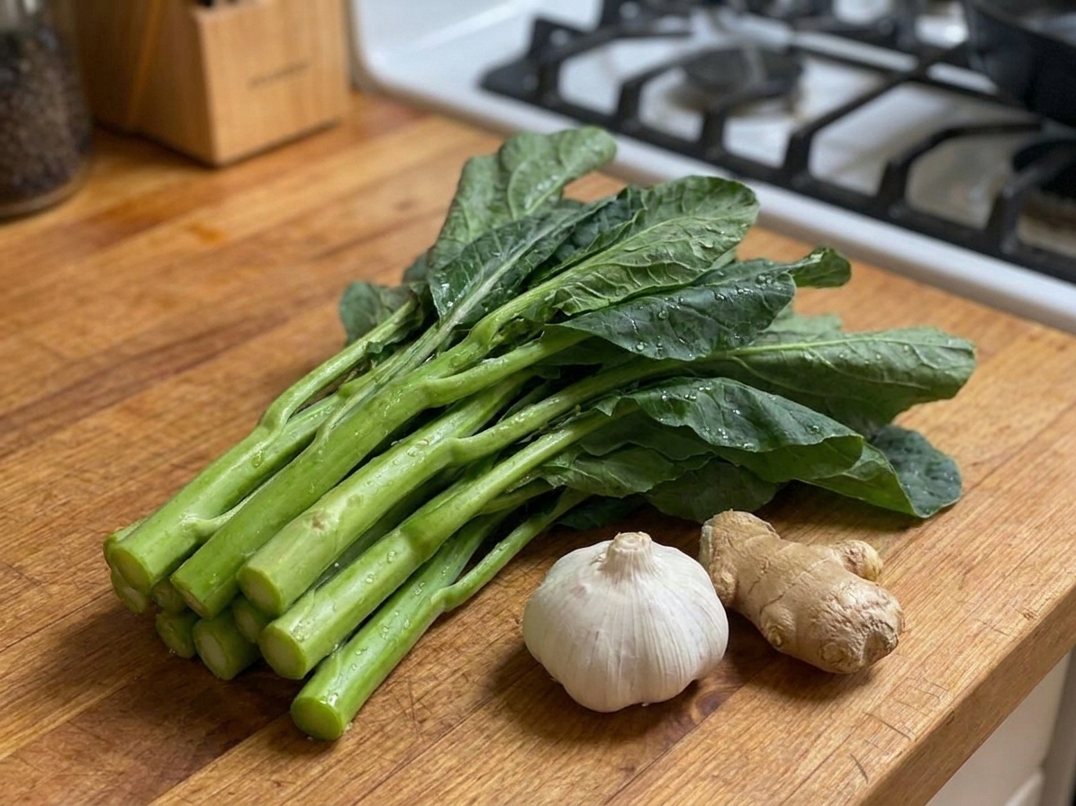 A fresh bunch of Chinese broccoli (gai lan) with thick stems and dark green leaves on a wooden cutting board beside garlic and ginger