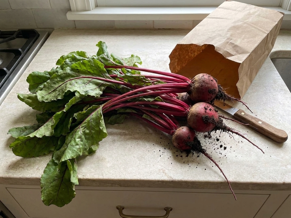 A fresh bunch of beets with long leafy beet greens and red stems resting on a light stone kitchen counter, unwashed and just brought home