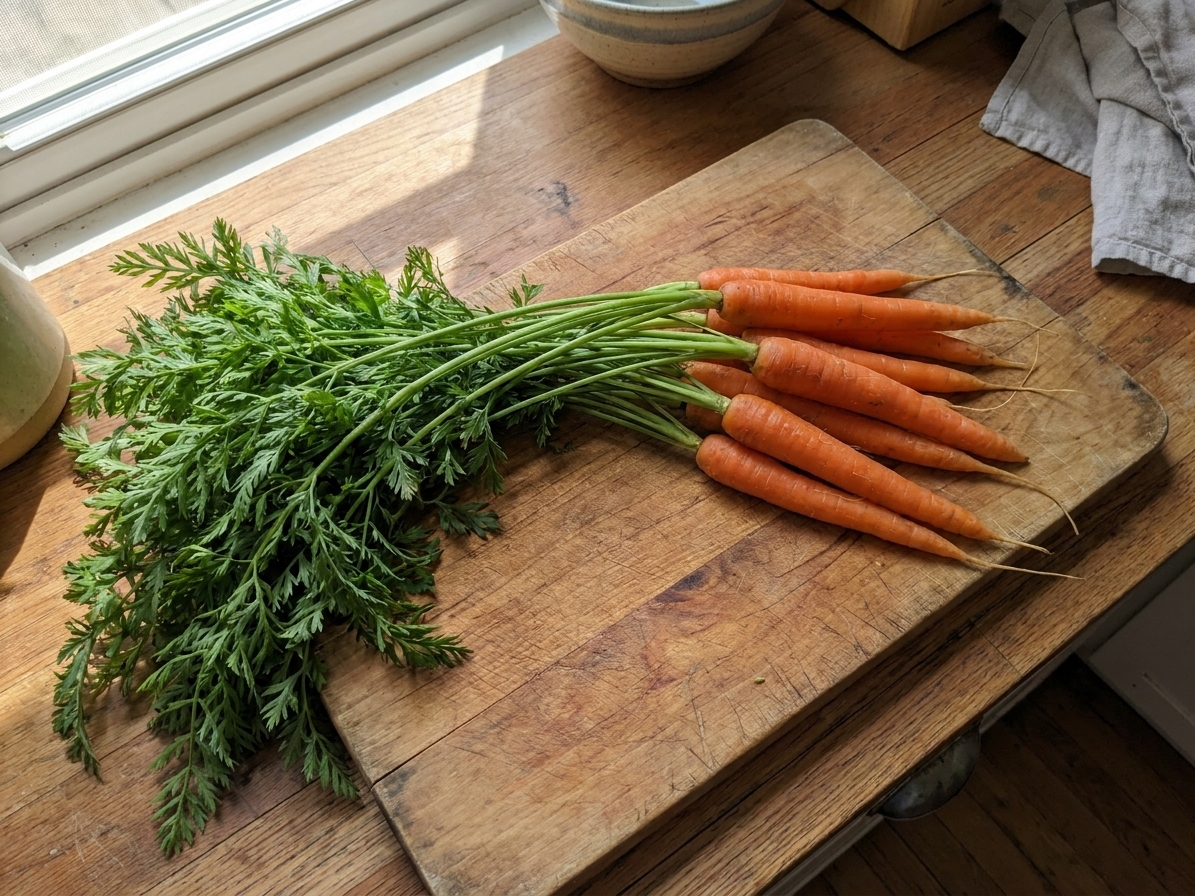 A fresh bunch of carrots with leafy tops spread on a wooden cutting board on a sunny kitchen counter