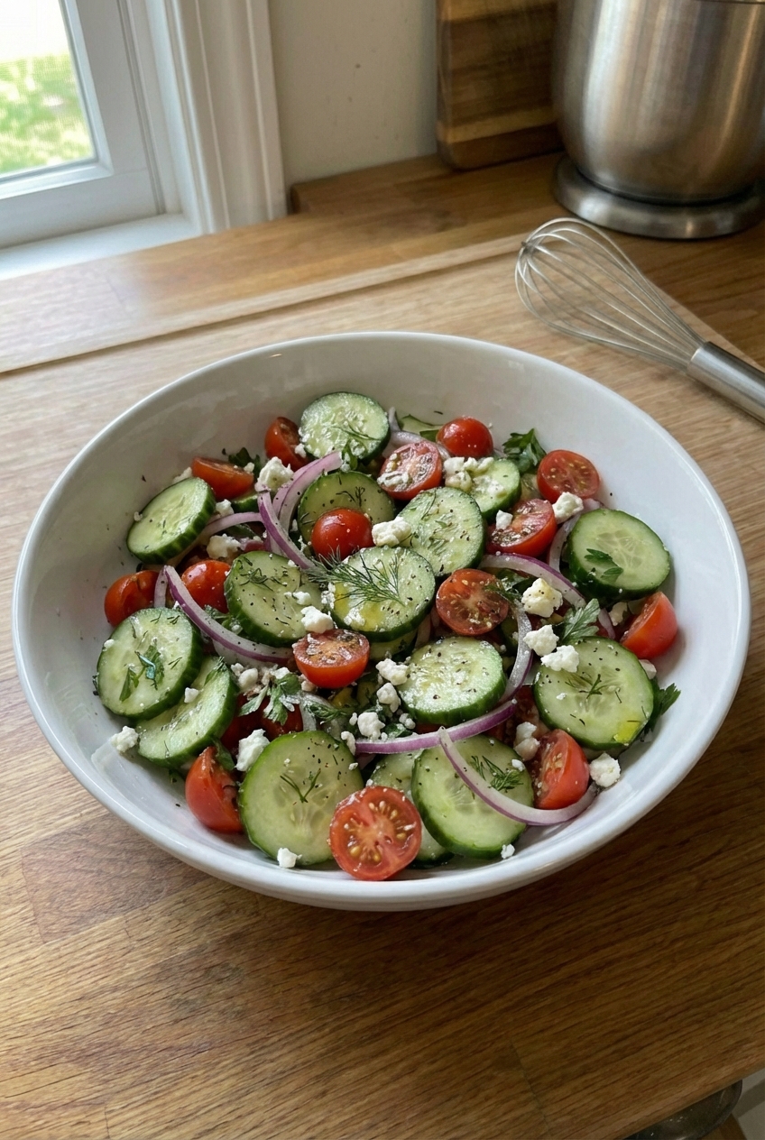 A fresh cucumber and tomato salad with herbs in a white serving bowl